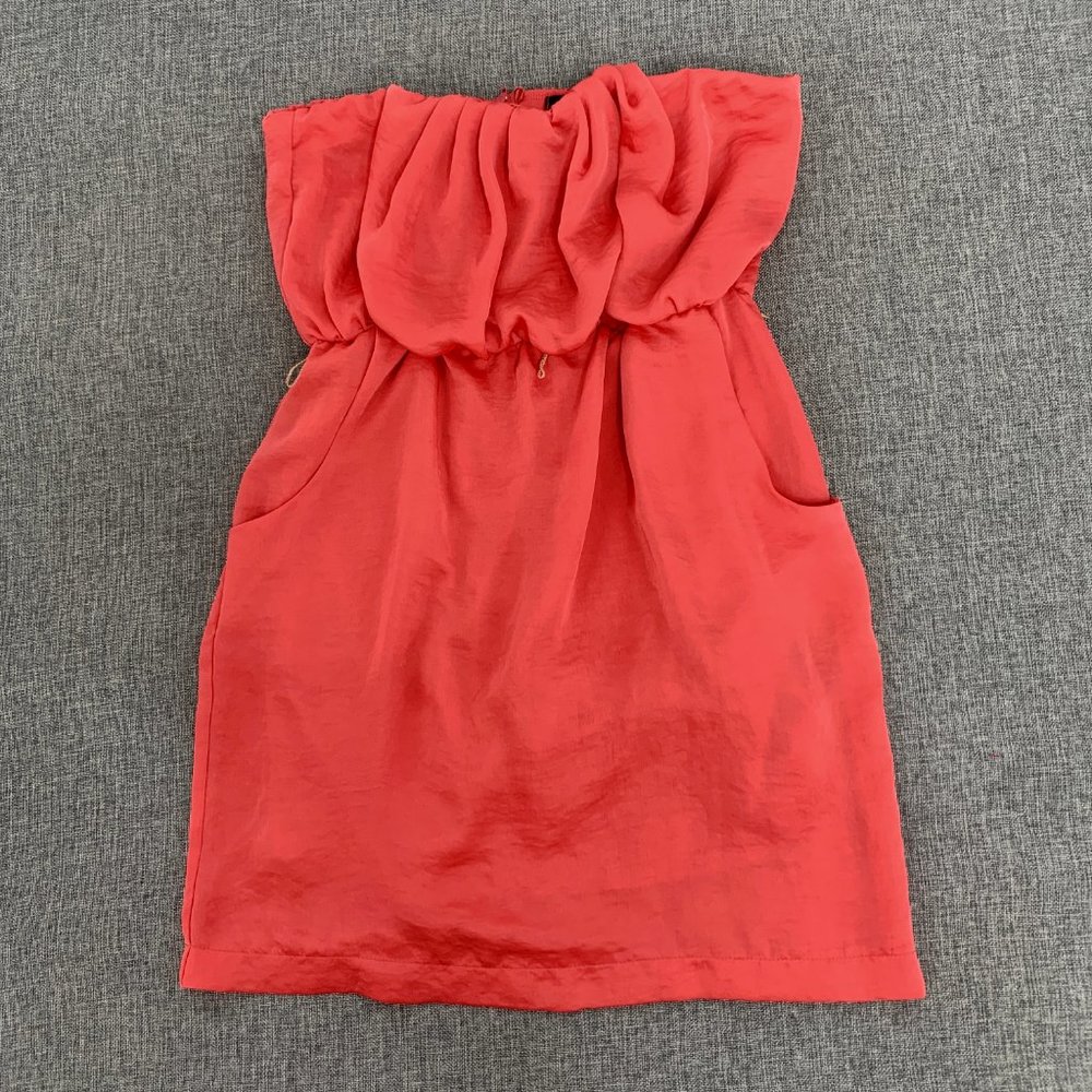 Ruby Rox Bright Coral Strapless Mini Dress Size 5 Pockets Pleated 100% polyester